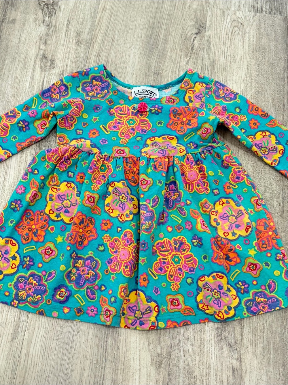VTG 90S Girls Floral Dress L. L. Bean Sport Colorful Teal Size 4 Long Sleeve Usa